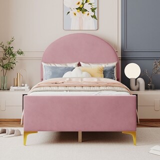 Bedroom Velvet Fabric Bed Frame with Classic Semi-circle Shaped Headboard and Metal Legs, Upholstered Platform Bed for Kids