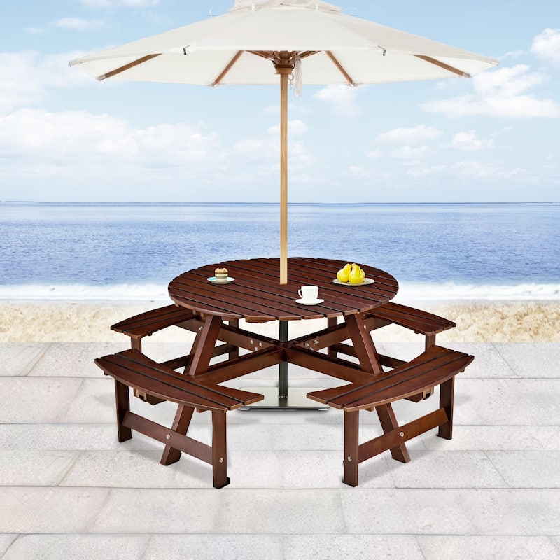 8-Person Outdoor Round Picnic Table Set with Umbrella Hole - Brown