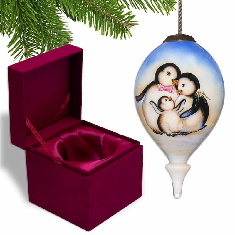 Family of Penguins Hand Painted Mouth Blown Glass Ornament - 4.75" x 2.5" x 2.5"