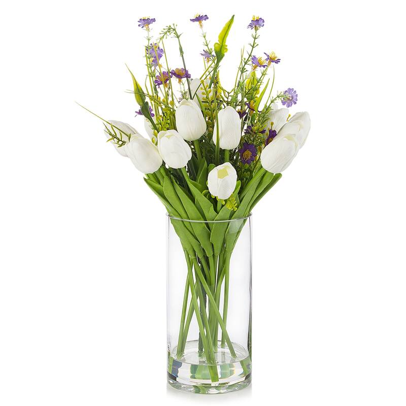 Enova Home Mixed Real Touch Tulip and Mini Sunflower Artificial Flowers Arrangement in Cylinder Glass Vase for Home Decór