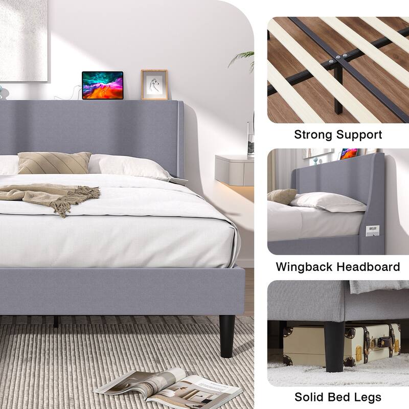 VECELO Bed Frame with Upholstered Wingback Headboard,Platform Bedframe with Charging Station & Side Pockets