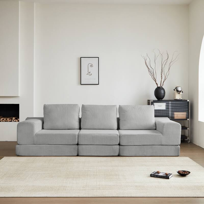 108'' Modular 3-Seater Corduroy Convertible Sofa Bed in Grey - Multi-Color