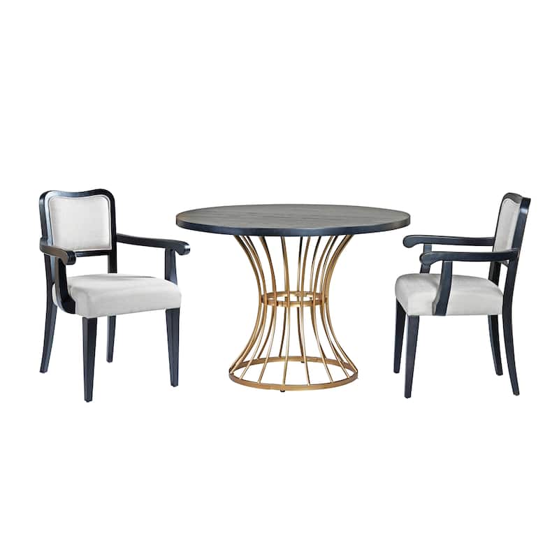 42" Round Dining Set -Solid Wood-Look Veneer Table +2 Upholstered Armchairs,Heavy-Duty Iron Pedestal Base,Space-Saving,3-Piece