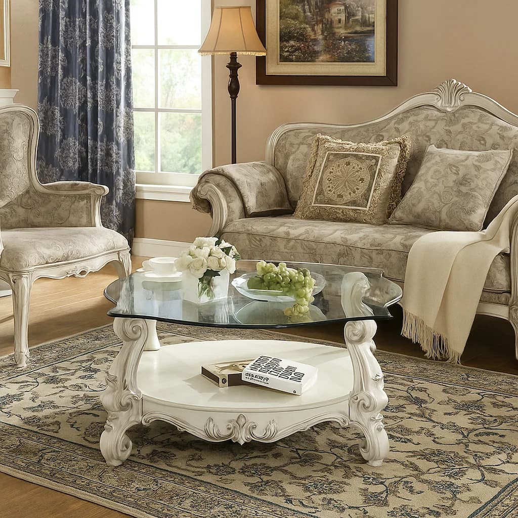 Curved Glass Top Coffee Table with Open Shelf, White