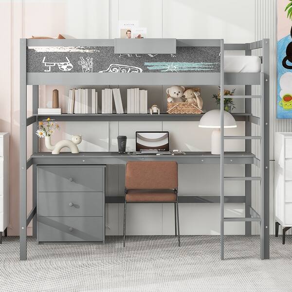 slide 2 of 16, Wood Twin Size Loft Bed with Desk, Blackboard, Storage Box, Shelf and 3 Drawers Grey