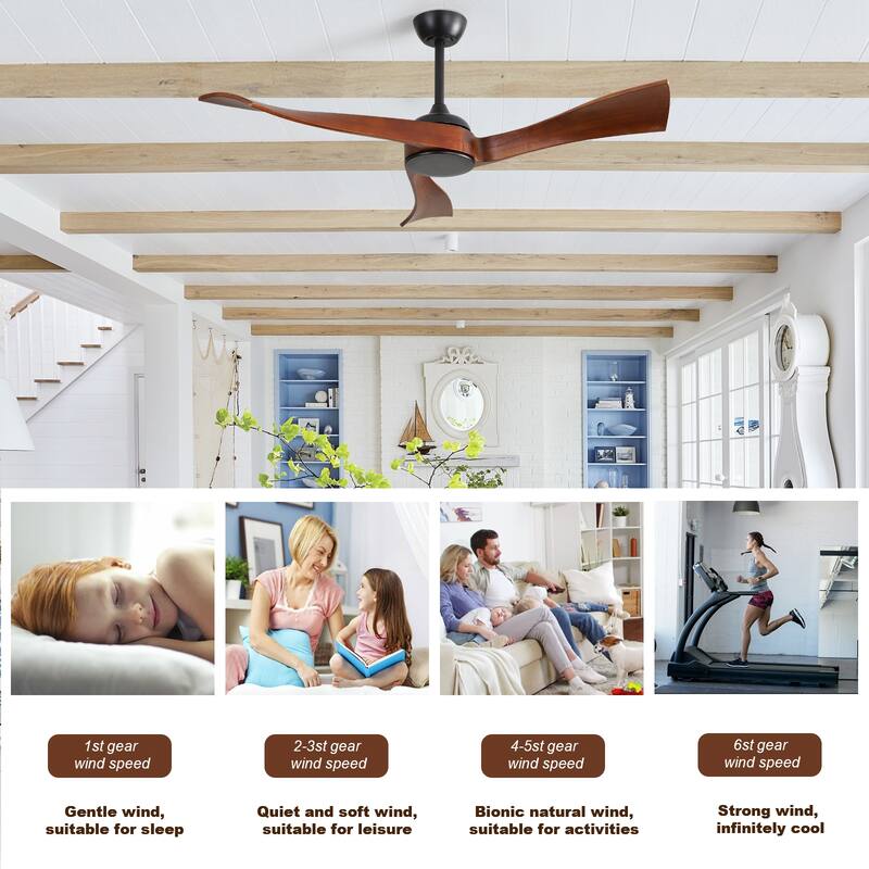 3 Solid Wood Blade Propeller Ceiling Fan / 52 Inch Ceiling Fan Without Light / 6 Speed Reversible DC Motor Ceiling Fan