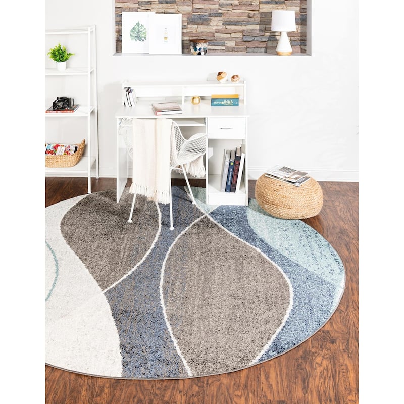 Contemporary Beallara Collection Area Rug - 3'3" Round - Blue-Ivory