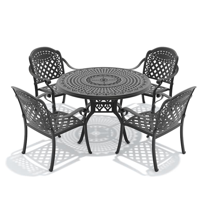 5-Piece Set Of Cast Aluminum Patio Furniture With Red Cushions