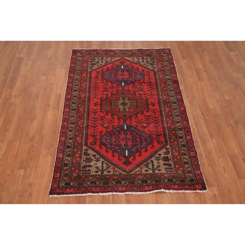 Hand Knotted Oriental 100% Wool Carpet Traditional Geometric Red Hamedan Area Rug - 5' 3'' X 3' 4''