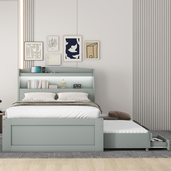 Twin XL Full XL Size Platform Bed with LED Storage Headboard and Charging Station Wood Bed Frame w Twin Size Trundle 2 Drawers Bed Bath Beyond 40469013