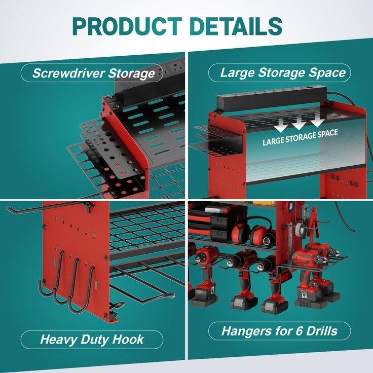 Sttoraboks Modular Power Tool Organizer, Wall Mount Garage 4 Drill Shelf Rack with hooks, 8 Outlet Power Strip