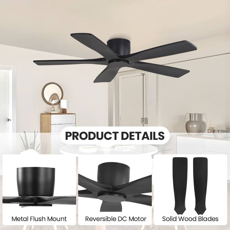 MLiAN 5 Soild Wood Blades Dc Motor Indoor Flush Mount Standard Ceiling Fan With Remote