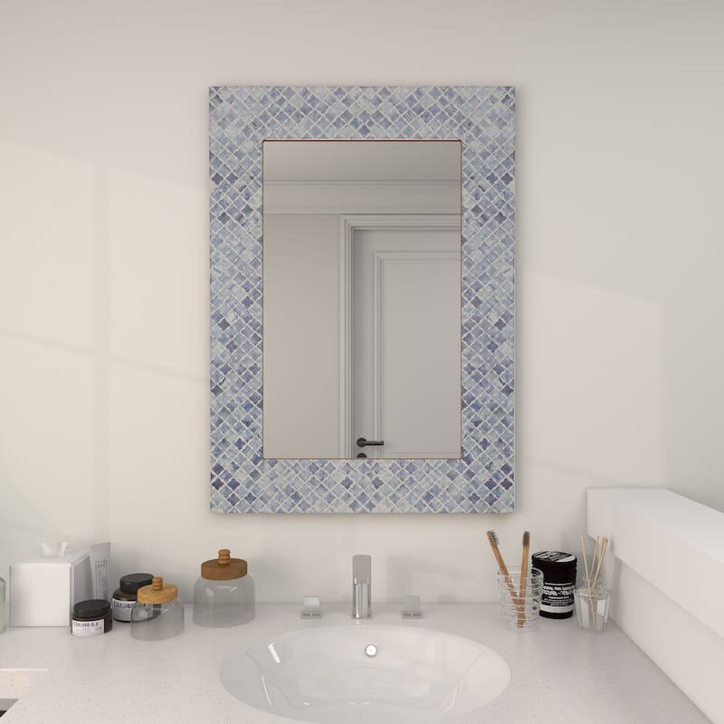 Blue Wood Quatrefoil Room Wall Mirror with Bone Inlay