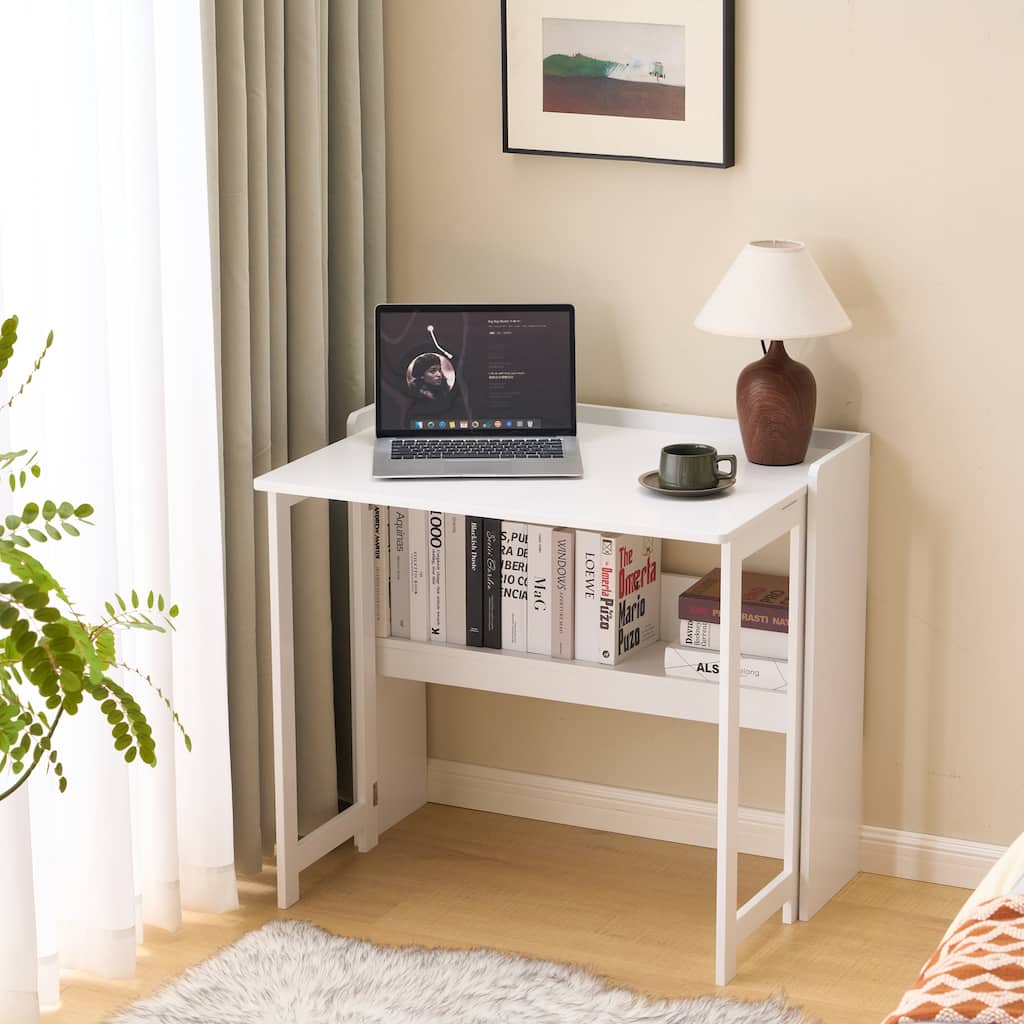 Anmytek 32.6 Inch Folding Desk with Storage Shelf for Small Spaces, White