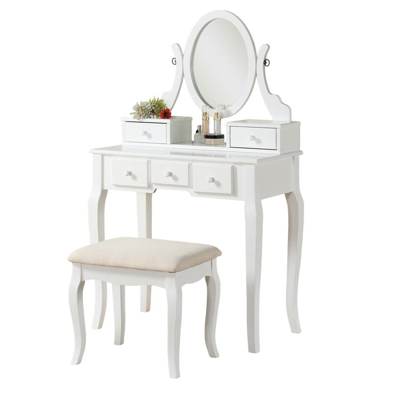 Wood Make-Up Vanity Table and Stool Set for Bedroom, White
