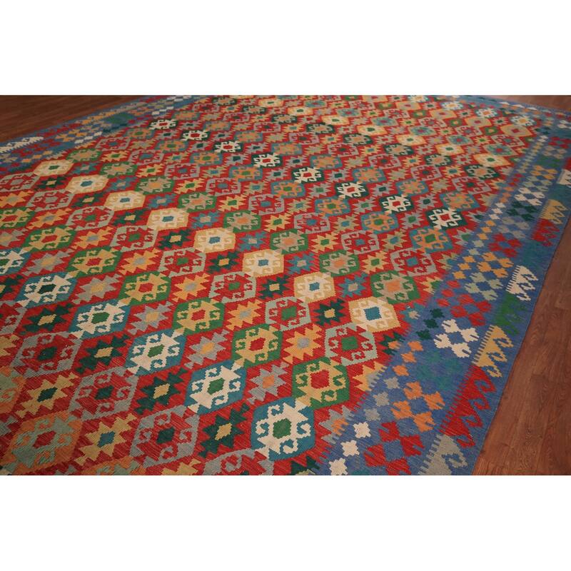 Geometric Kilim Large Rug Hand-Woven Oriental Wool Carpet - 10'2" x 16'1"