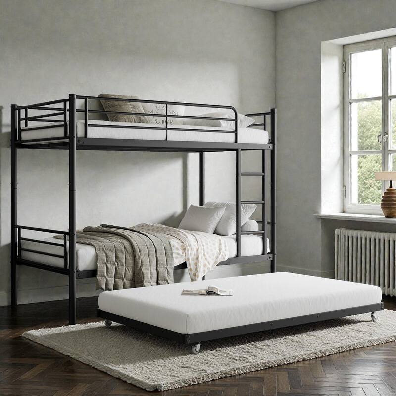 Twin Over Twin Metal Bunk Bed with Trundle, Heavy Duty Frame, Full-Length Guardrail, Ladder, No Box Spring Needed