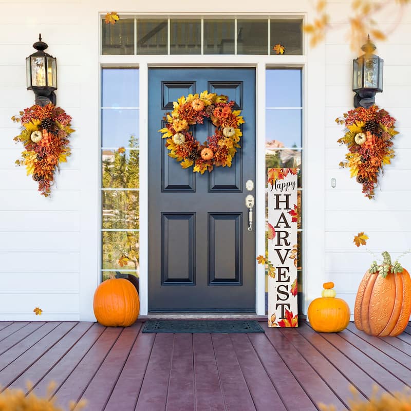 Glitzhome 26"H Fall Sunflower Pumpkin Lotus Leaf Teardrop Swag for Thanksgiving
