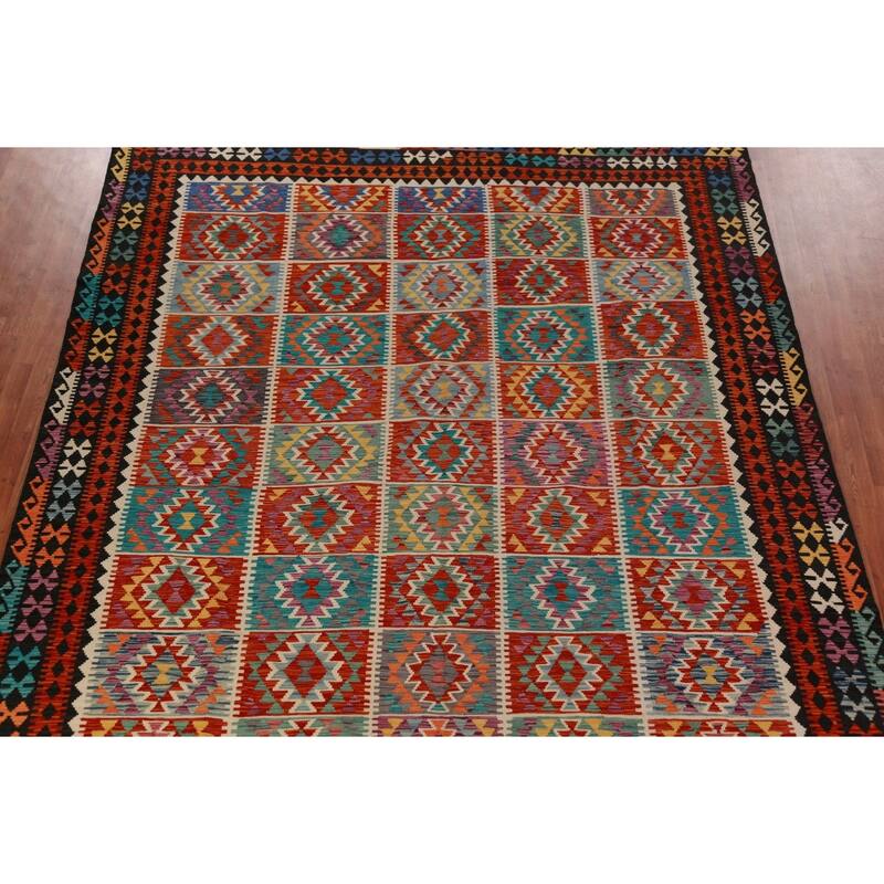 Multi-Color Kilim Oriental Area Rug Hand-Woven Geometric Wool Carpet - 10'1"x 13'1"