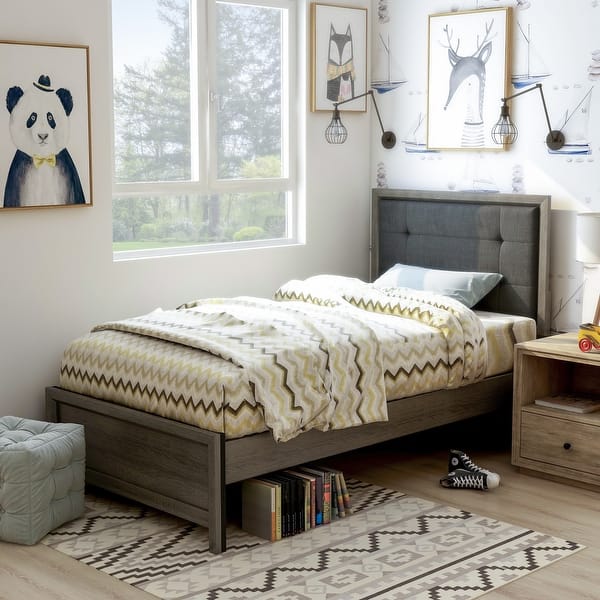 slide 2 of 11, Aury Rustic Grey Solid Wood Tufted Panel Kid Bed by Furniture of America