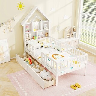 Twin House Bed for Kids with Open Storage and Slide-Out Drawers