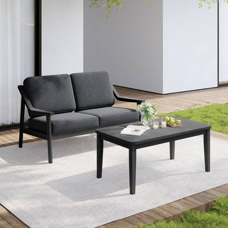 Outdoor Wood Teak Cushioned Patio 2 Seater Loveseat with Coffee Table - Dark Wood - Dark Grey
