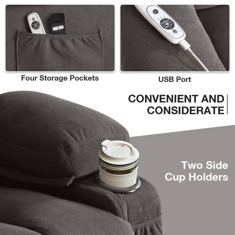 Electric Recliner Chair with Massage and Heat, USB Port, Cup Holders and Side Pockets, Adjustable Vibration Modes and Heating