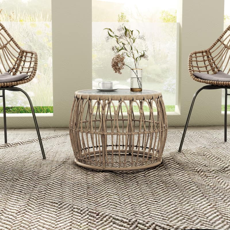 Hunter Boho Natural 22-inch Outdoor Patio Round Coffee Table with 5mm Tempered Glass Top by M&L Co.