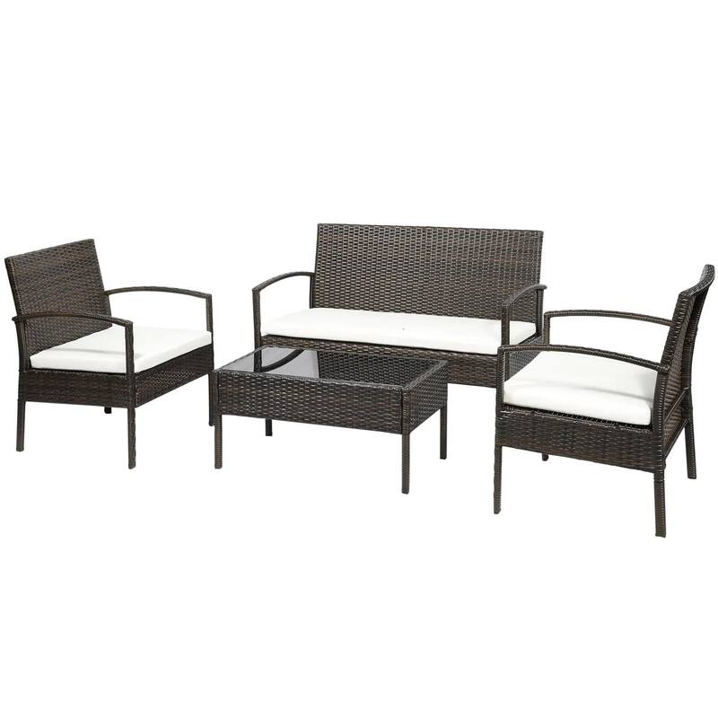 4PCS PE Rattan Conversation Set, Sofa Loveseat Table, All Weather
