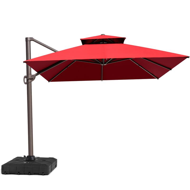 10X12.5 FT Outdoor Dual Top Patio Offset Umbrella 360 degrees Rotation with Base - Red