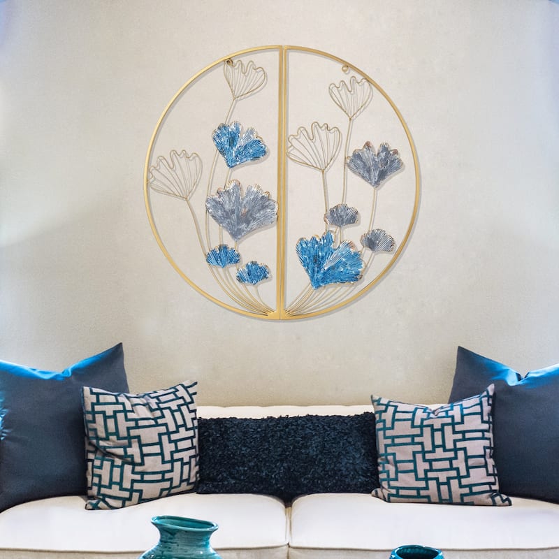 Adeco Metal Ginkgo Leaves Wall Decor Set of 2 Half Moon Wall Sculpture - Blue