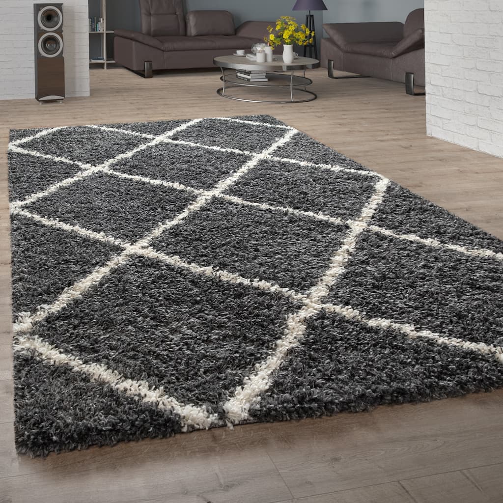 Soft Shag Rug in Anthracite with Diamond Pattern - Scandi Design