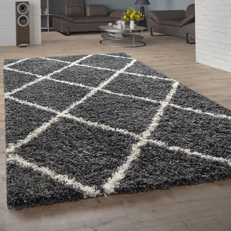 Soft Shag Rug in Anthracite with Diamond Pattern - Scandi Design - 2' x 3'3" - Anthracite