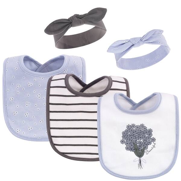 slide 1 of 1, Hudson Baby Infant Girl Cotton Bib and Headband Set 5pk, Periwinkle, One Size - Periwinkle - One Size One Size - Periwinkle