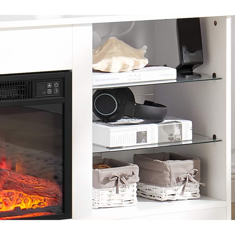 3D LED Electric Fireplace TV Stand,60" Max TV Capacity,Glass Shelves,USB Charging Port & LED Lighting,58"W x 15.5"D x 24.4"H