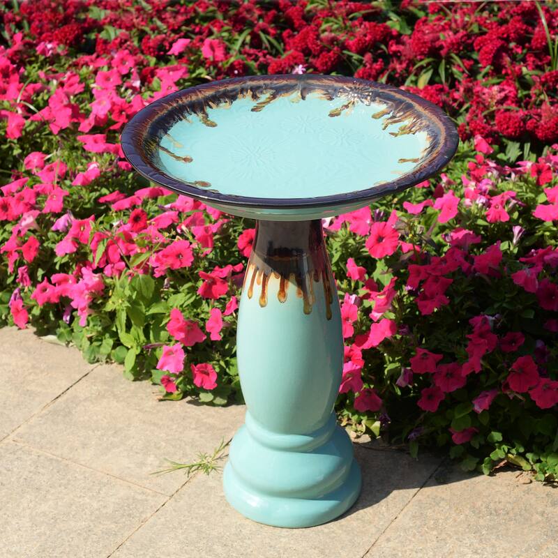 Ceramic Outdoor Garden Birdbath - 21.75" - Blue and Brown