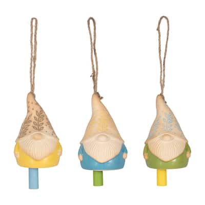 Sagebrook Home Ceramic Gnome Bells, Multi-colored Handcrafted Charms, Set of 3 - 5" x 5" x 7"