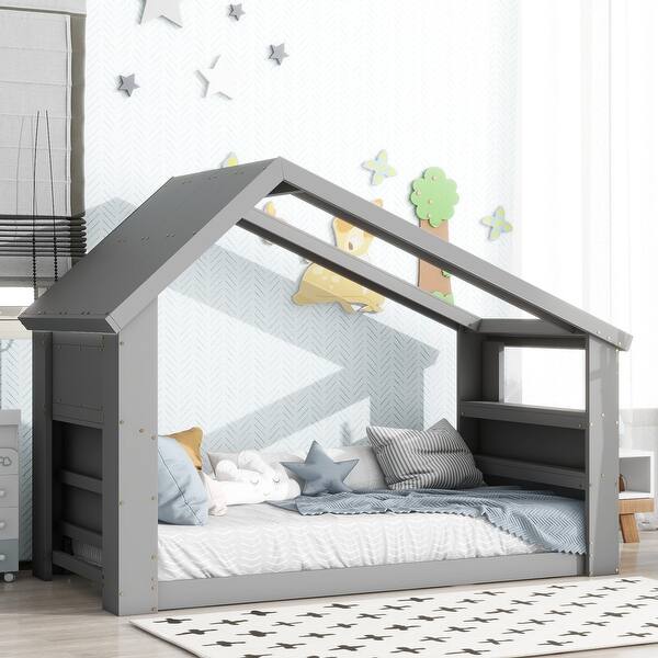 slide 2 of 7, Gray Twin Pine House Floor Bed with Skylight, LED Light, Sturdy Construction