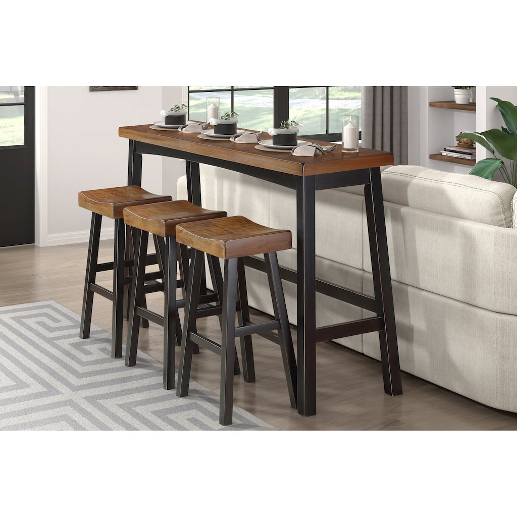Transitional 4-Piece Pub Height Set, Table and Bar Stools Black and Brown Finish Solid Rubberwood Furniture