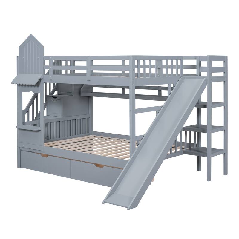 Full-Over-Full Castle Style Bunk Bed with 2 Drawers 3 Shelves and Slide