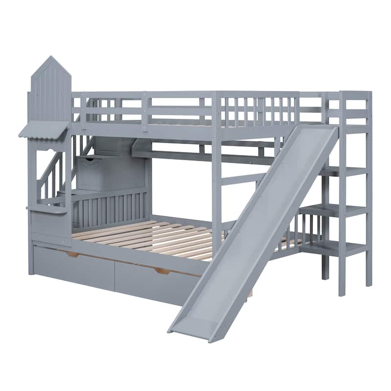 Gray Full over Full Size Solid Wood Castle Style Bunk Bed with Drawers and Slide