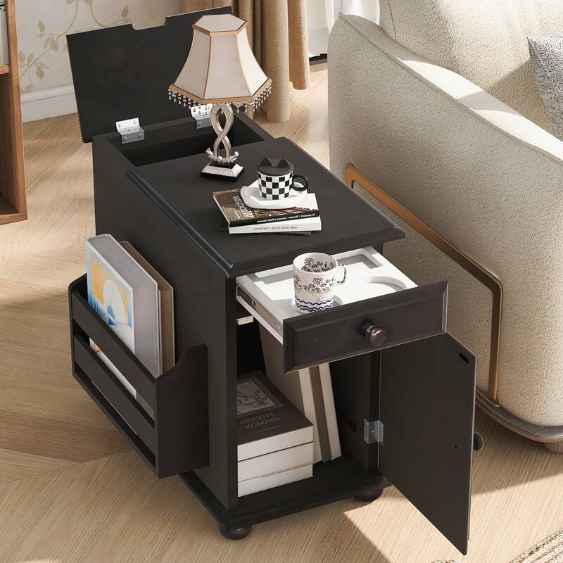 Vintage End Table Flip Top Side Table with USB Ports