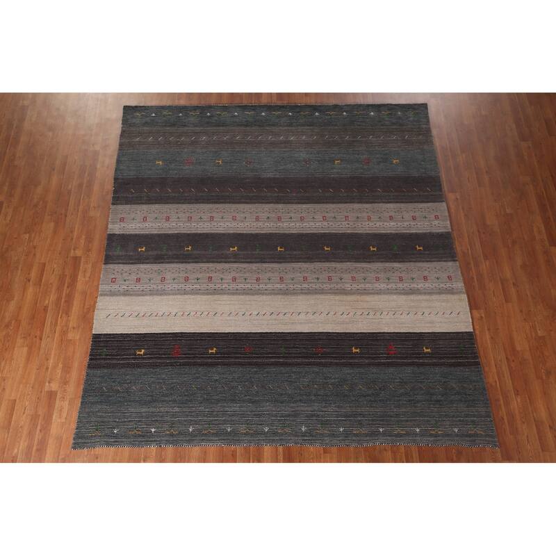 Tribal Striped Gabbeh Oriental Square Area Rug Handmade Wool Carpet - 8'6"x 9'4"