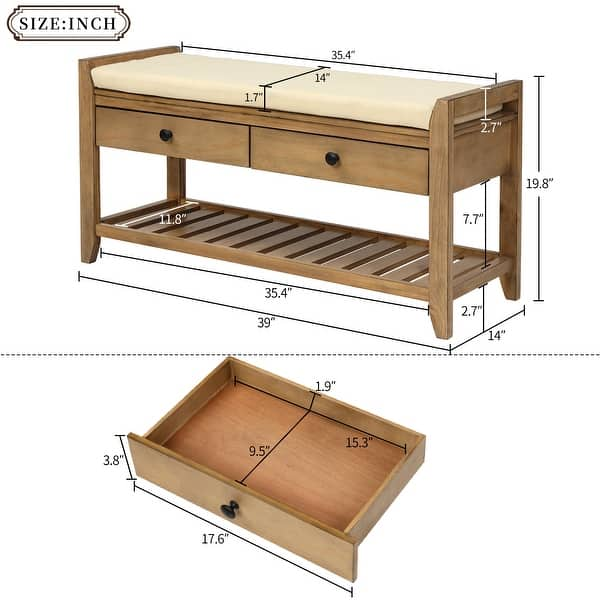 Home Shoe Rack Entryway Storage Bench With Cushion & Drawers, Old Pine 