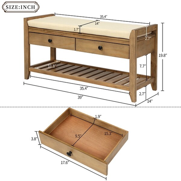 Old Pine Shoe Rack with Cushioned Seat and Drawers Entryway