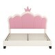preview thumbnail 32 of 34, Cute Girl Princess Bed with Crown Headboard, PU Upholstered Platform Bed, Wood Panel Bed Low Profile Bed