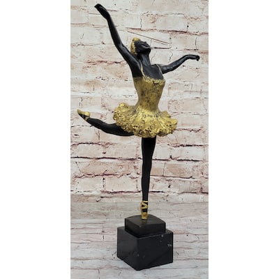 Hot Cast Bronze Ballerina Dancer Girl In Gold Tutu Arabesque Pose By Milo