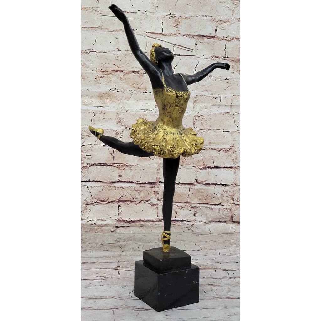 Hot Cast Bronze Ballerina Dancer Girl In Gold Tutu Arabesque Pose By Milo
