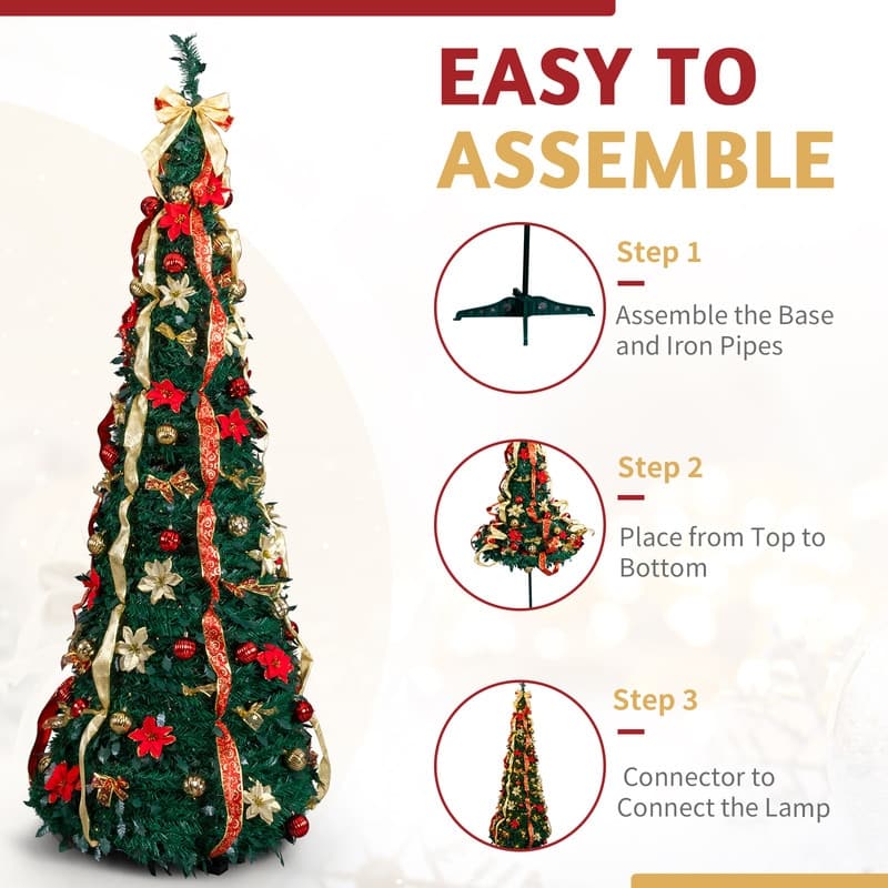 7 FT Fully Decorated Pre-lit Pop Up Artificial Xmas Tree with 200 Warm Lights Remote Control