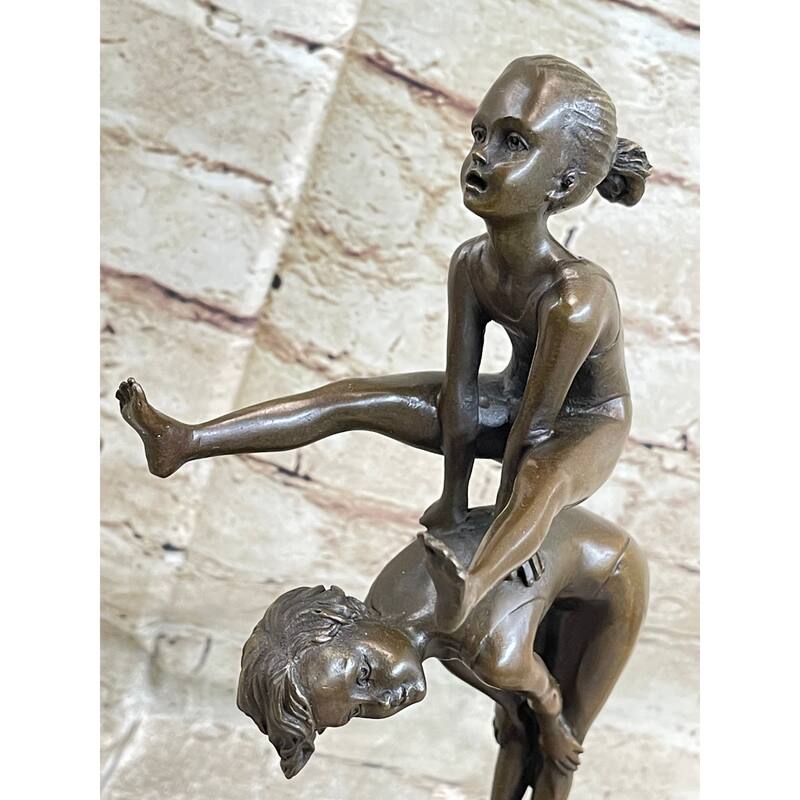 Original Milo Kids Playing Leap Frog Bronze Sculpture Hot Cast Marble Base Decor